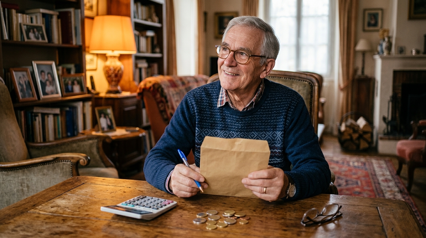 Retraité réfléchissant à sa pension avec calculatrice et pièces d'euros