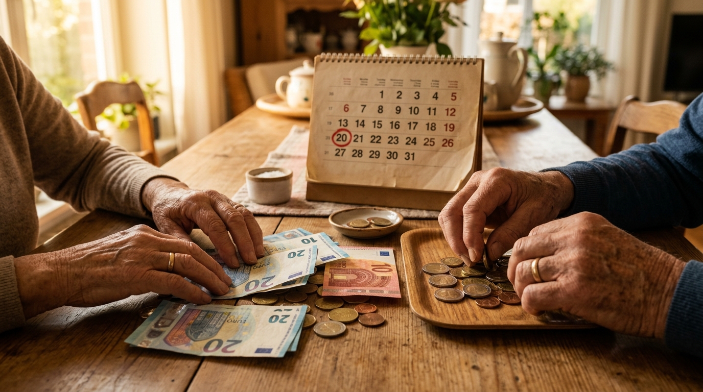 Couple de retraités comptant des euros près d'un calendrier