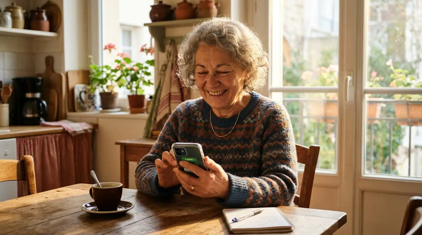 Retraitée souriante consultant son compte bancaire sur smartphone