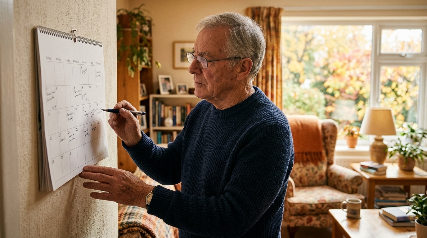 Retraité vérifiant la date sur un calendrier mural