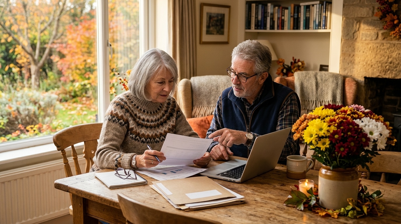 Couple de retraités examinant leurs documents en automne