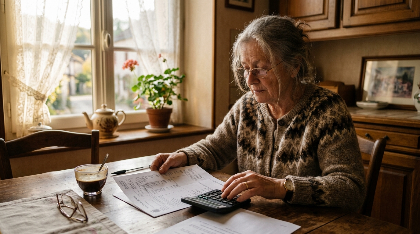 Retraitée comparant son relevé de pension à la maison