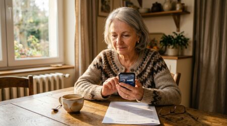 Retraitée inquiète consultant son compte bancaire sur son téléphone
