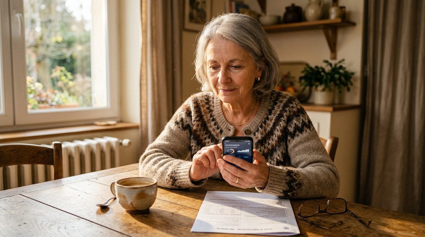 Retraitée inquiète consultant son compte bancaire sur son téléphone