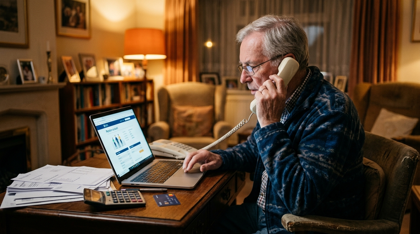 Retraité au téléphone devant son ordinateur pour suivre sa pension