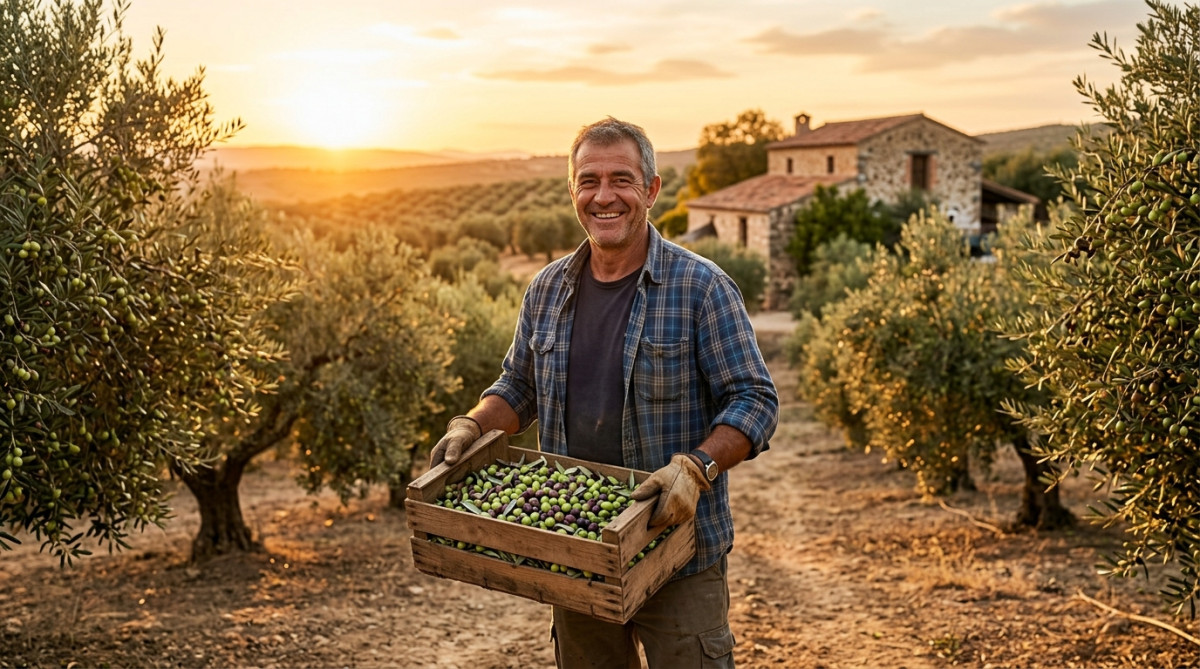 Agriculteur andalou avec une caisse d'olives fraîches