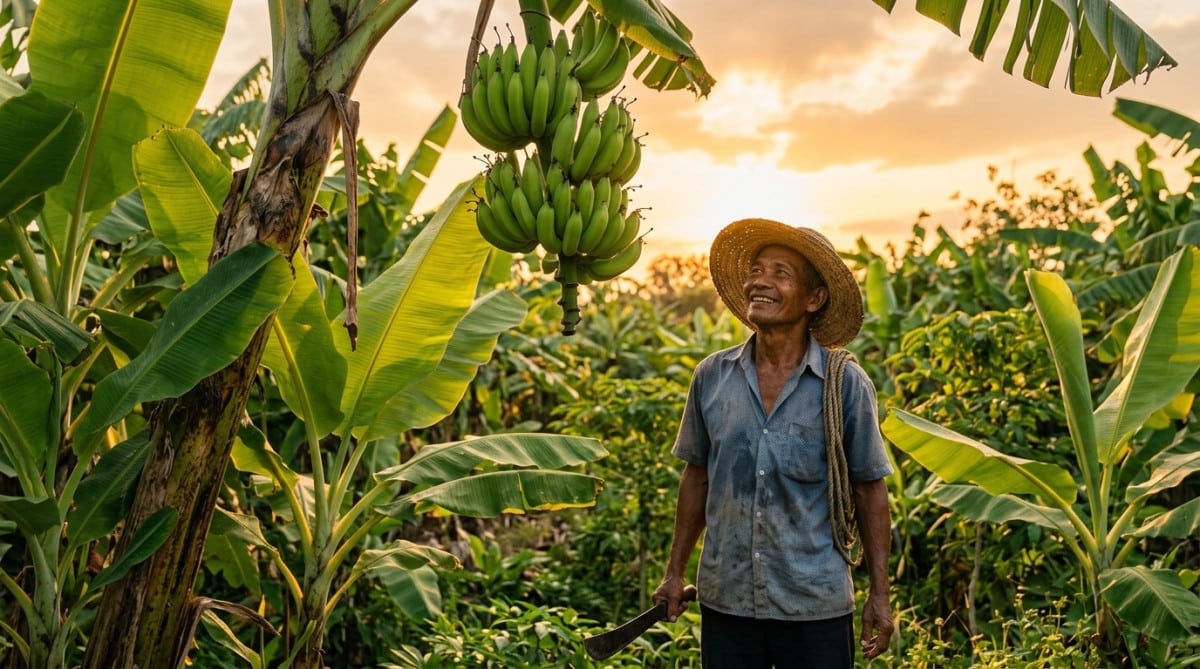 Agriculteur regardant un régime de bananes qui se redressent