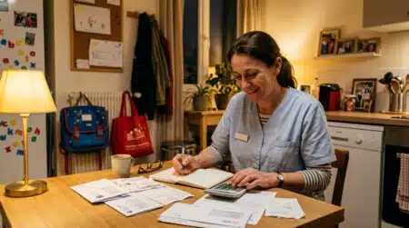 Aide-soignante calculant son budget à la table de cuisine