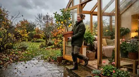 Jardinier rentrant un citronnier en pot dans une véranda