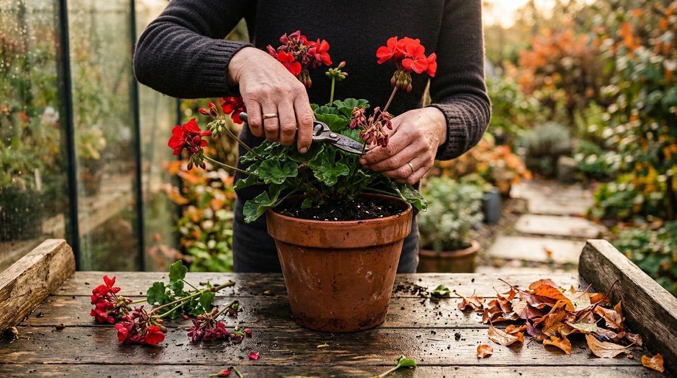 Mains taillant un géranium rouge avant l'hiver