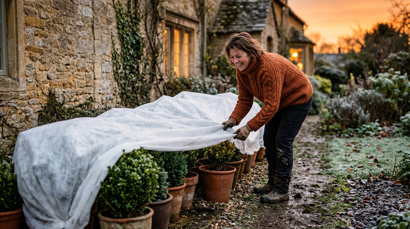Jardinier posant un voile d'hivernage sur des arbustes en pot