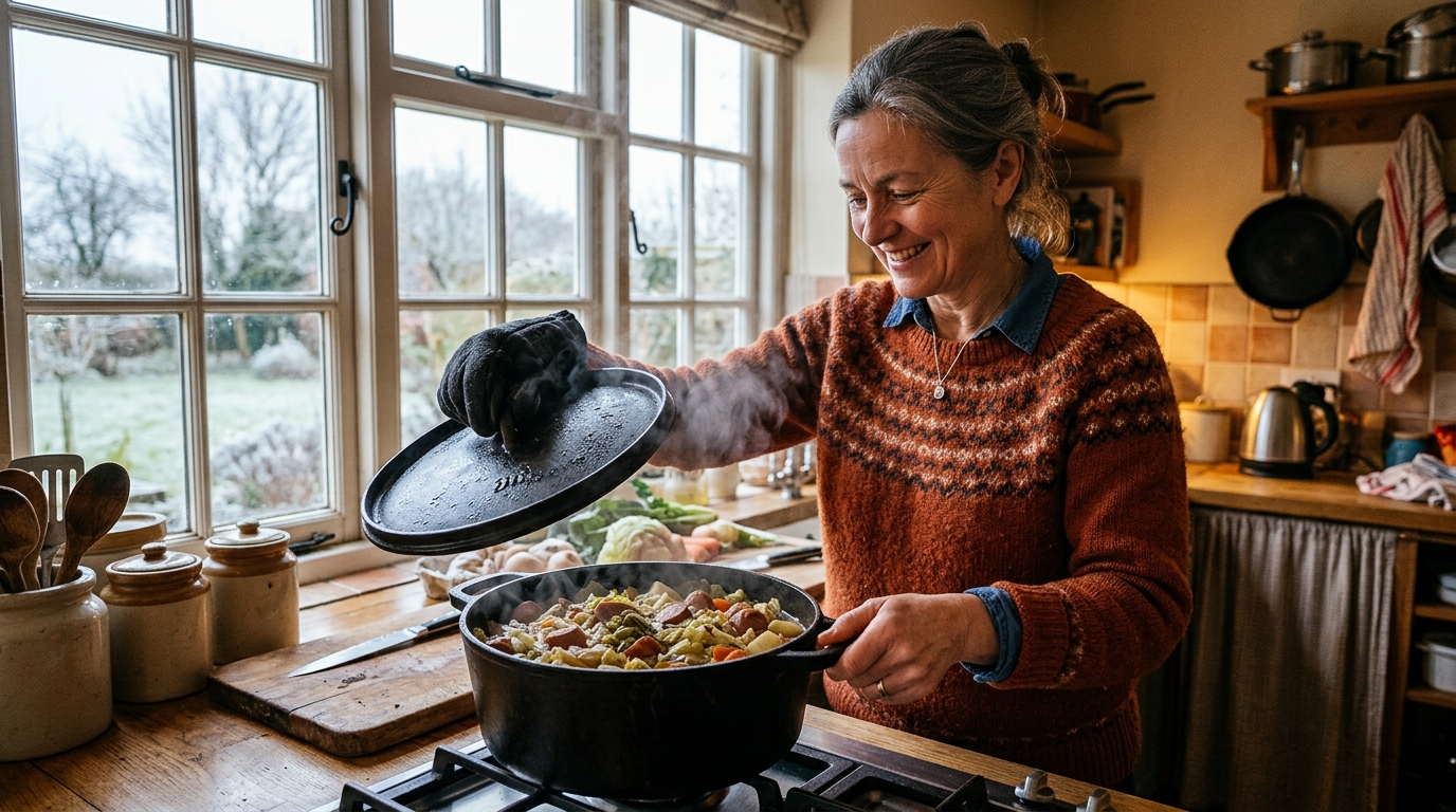 Femme soulevant le couvercle d'une cocotte de potée fumante