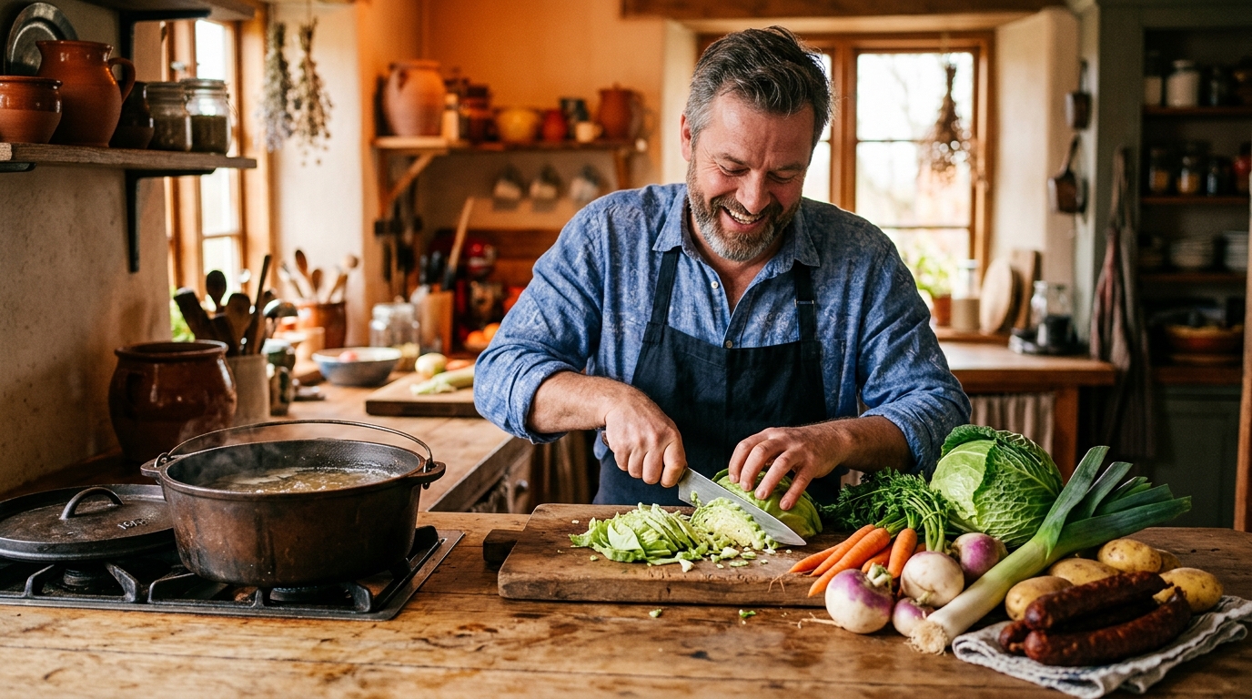 Légumes d'hiver et saucisses fumées préparés pour la potée