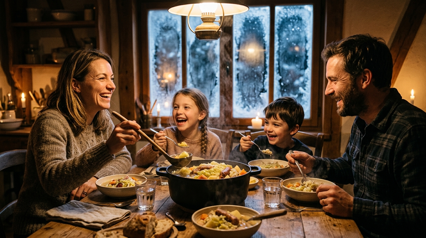 Famille réunie autour d'une potée au chou fumante
