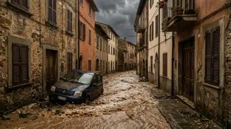 Rue méditerranéenne envahie par une eau boueuse