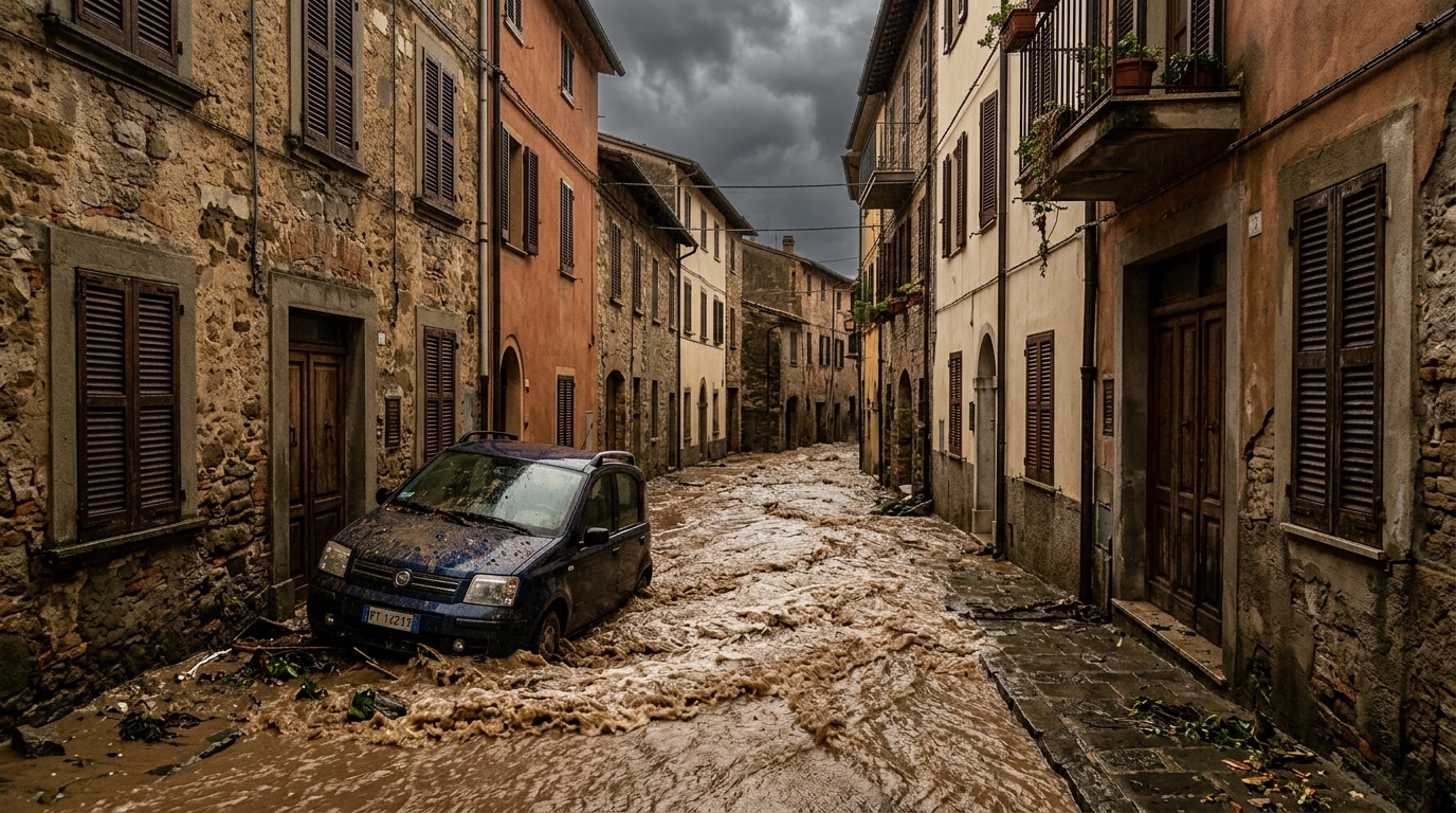 Rue méditerranéenne envahie par une eau boueuse