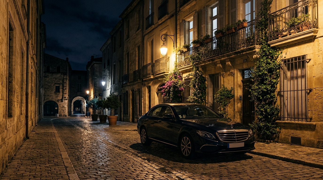 Voiture garée de nuit devant un immeuble méditerranéen