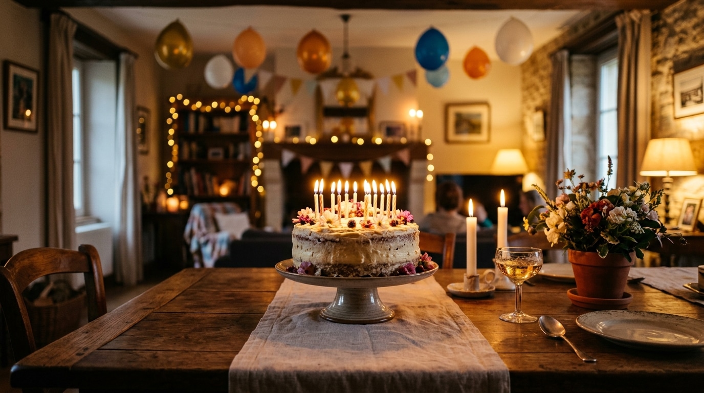 Gâteau d'anniversaire aux bougies allumées sur une table de famille
