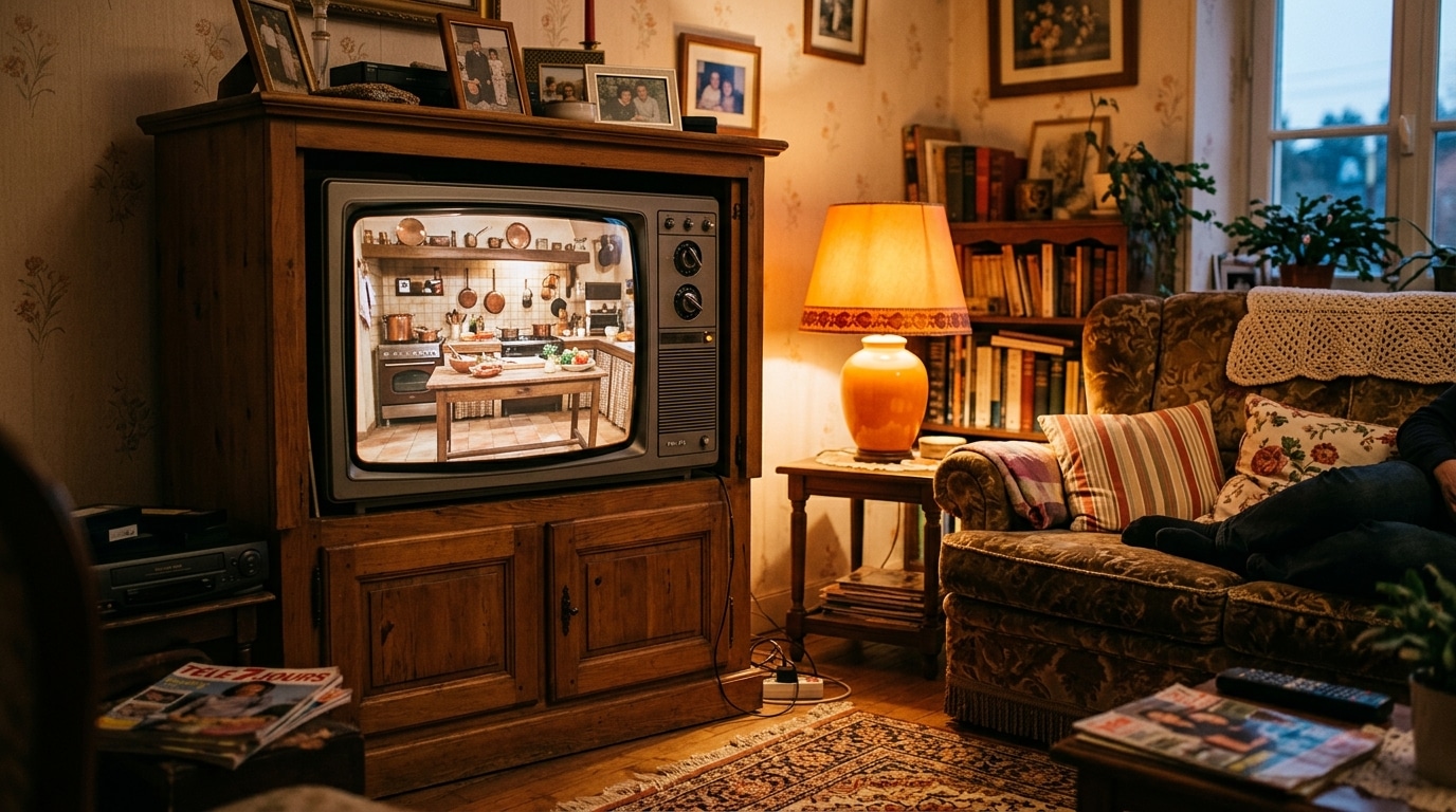 Vieille télévision diffusant une série culte dans un salon des années 90