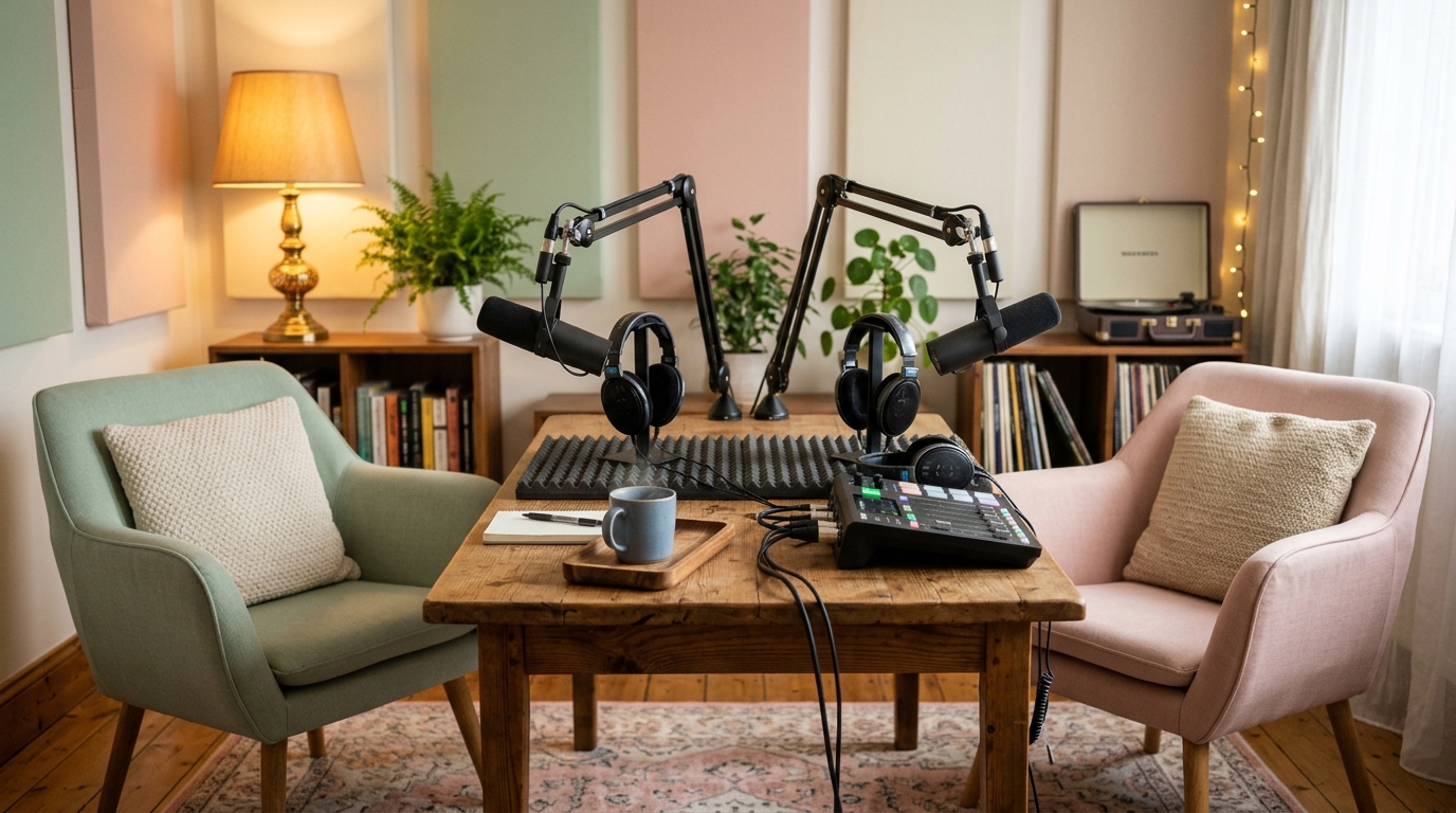 Studio d'enregistrement de podcast avec deux micros et fauteuils vides, ambiance chaleureuse