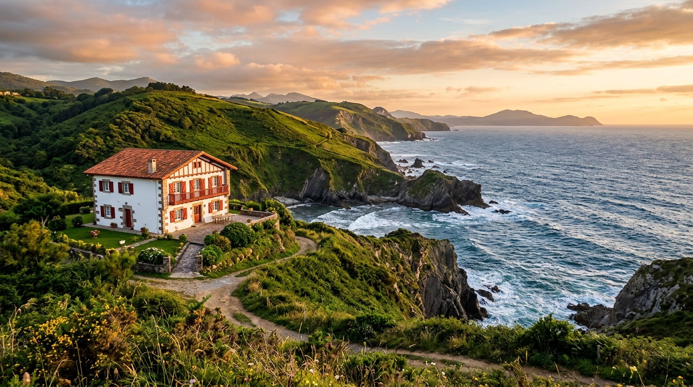 Paysage du Pays basque face à l'océan au coucher du soleil, cadre de vie du couple