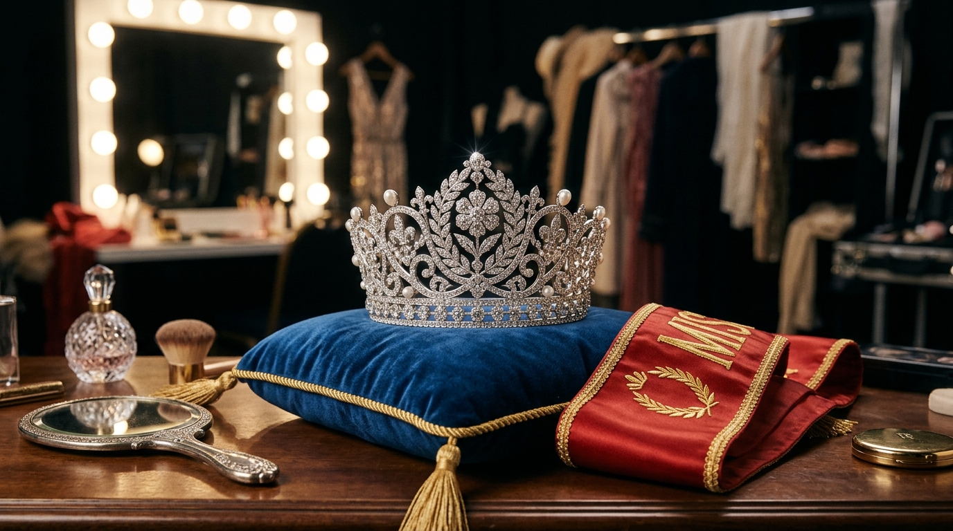 Couronne de reine de beauté posée sur un coussin de velours, symbole du passé de Miss France