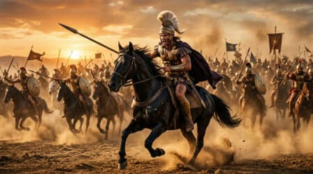 Alexandre le Grand chargeant à cheval sur le champ de bataille