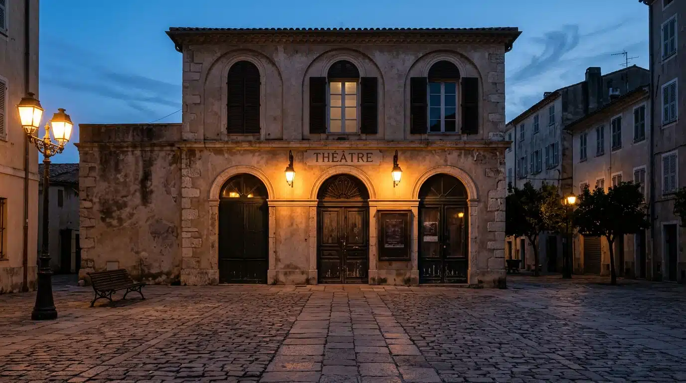Façade d'un théâtre ajaccien à la tombée de la nuit, portes closes après l'annulation du concert