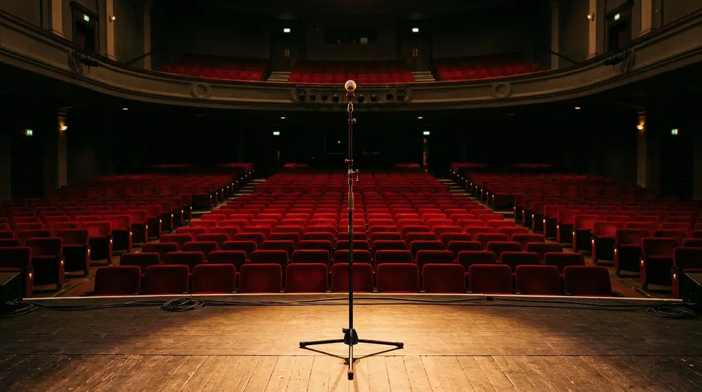 Scène de concert vide avec un micro et des projecteurs, avant le lever de rideau