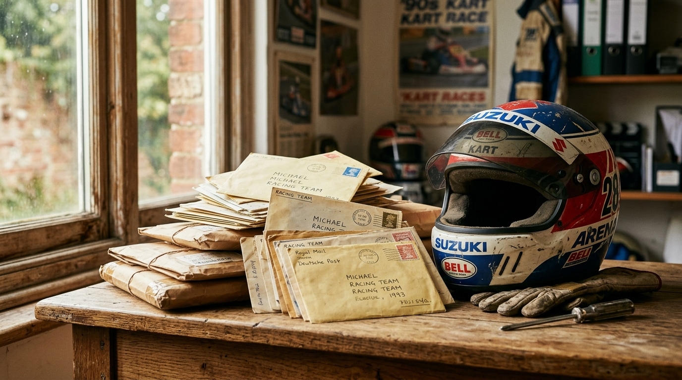 Pile de courrier de fans et de colis près d'un casque de karting vintage