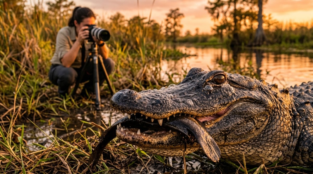Alligator aux yeux humides pendant son repas
