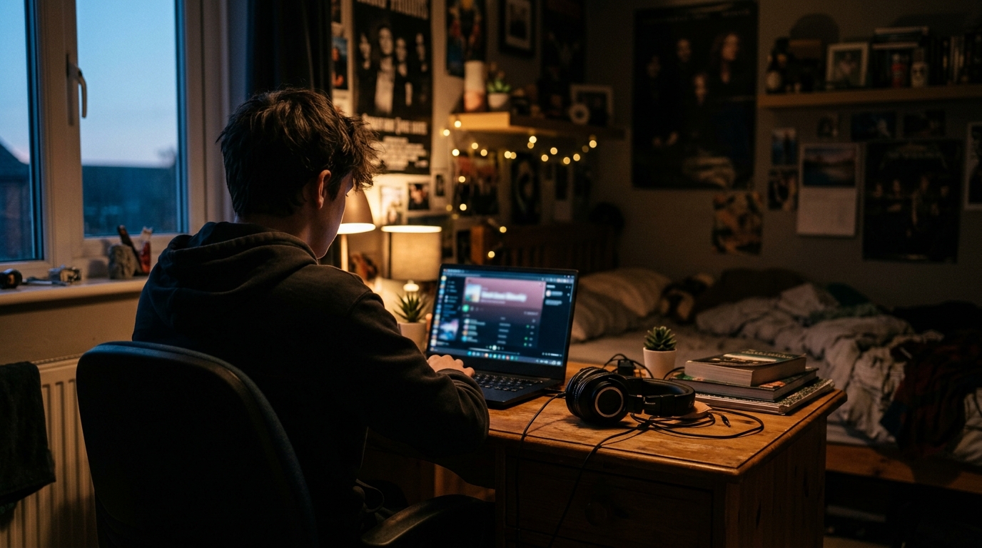 Chambre d'adolescent plongée dans la pénombre devant un ordinateur