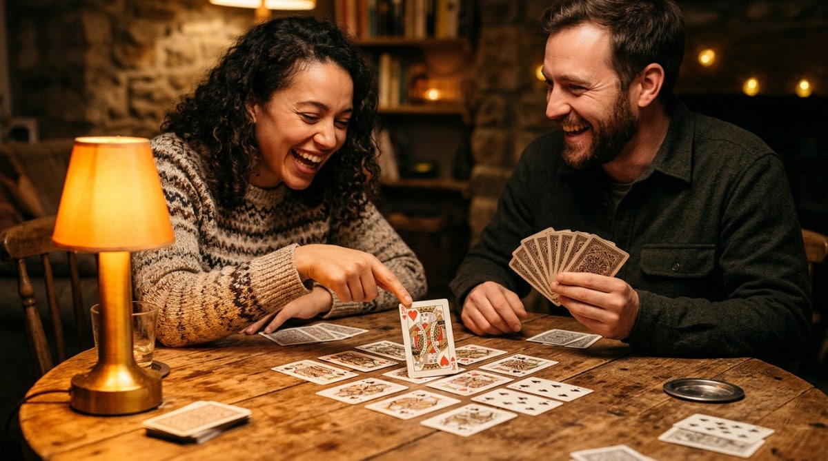 Amis riant autour d'une partie de cartes
