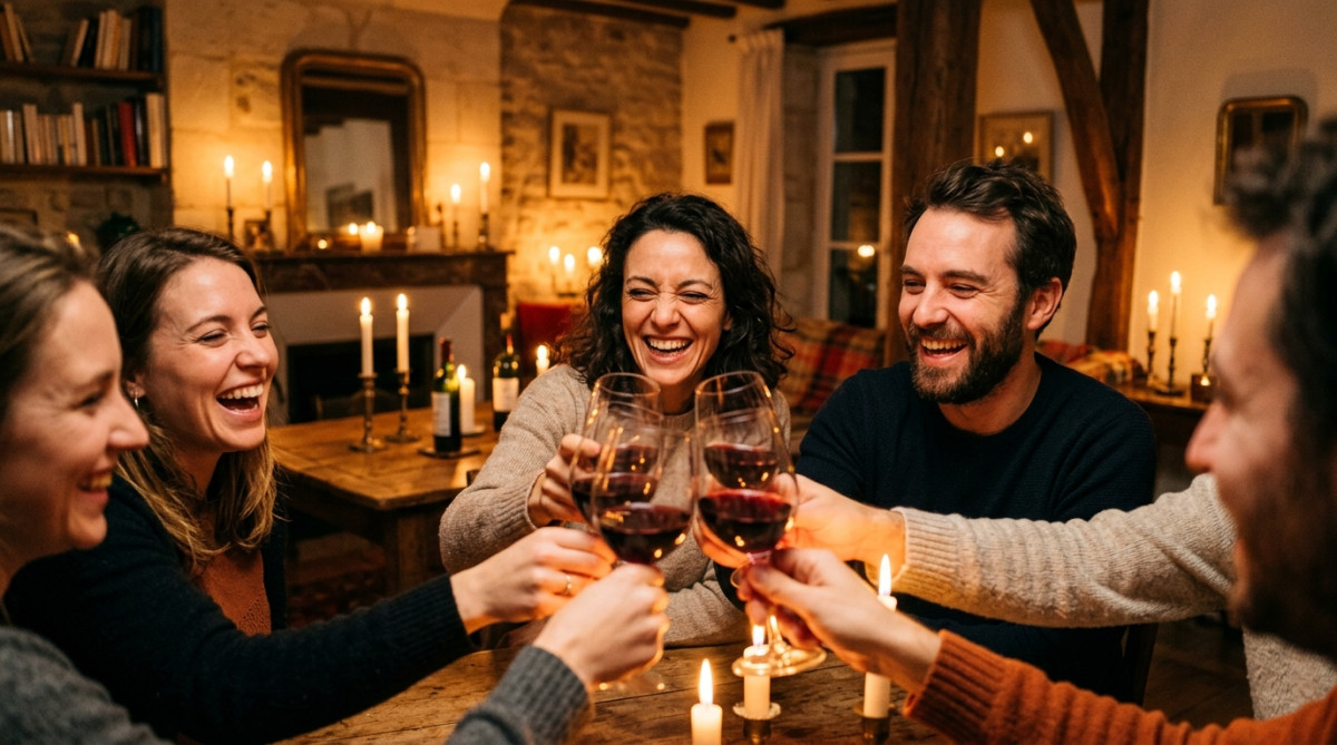 Amis trinquant avec des verres de vin à l'apéro