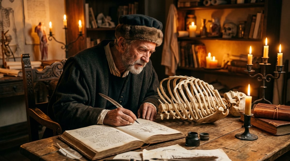 Anatomiste de la Renaissance examinant une cage thoracique