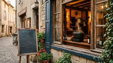 Ardoise de bistrot devant une vitrine de restaurant