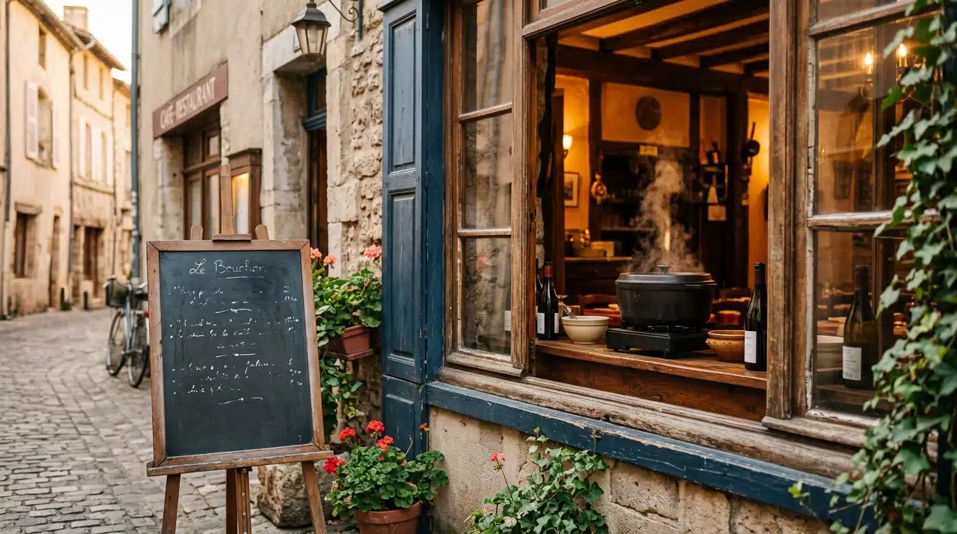 Ardoise de bistrot devant une vitrine de restaurant