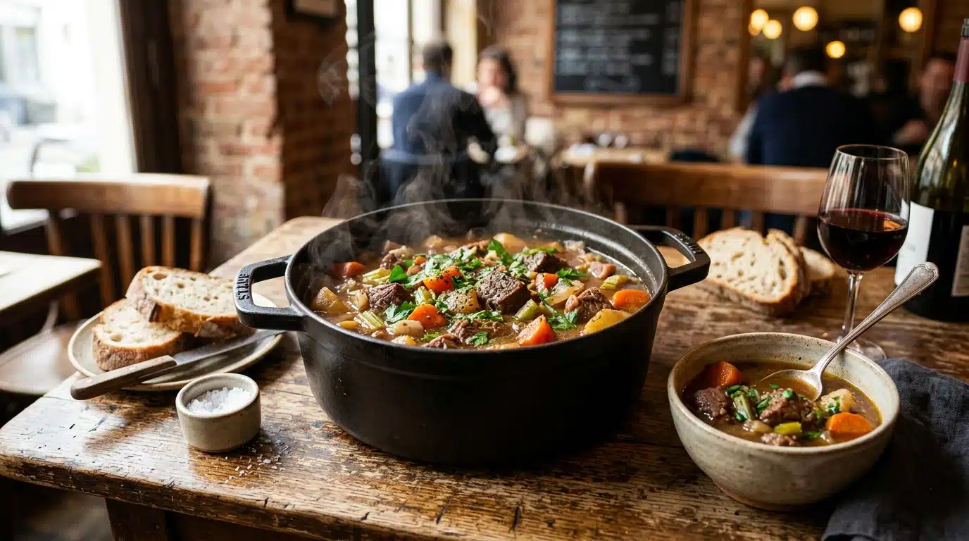Mijoté de bœuf aux carottes fumant dans une cocotte