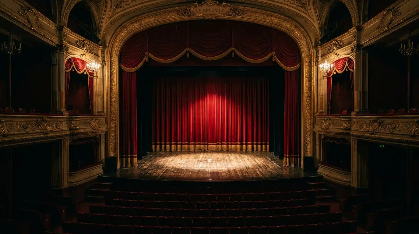 Scène de théâtre vide, clin d'œil à la troupe du Splendid et à la carrière d'Anémone