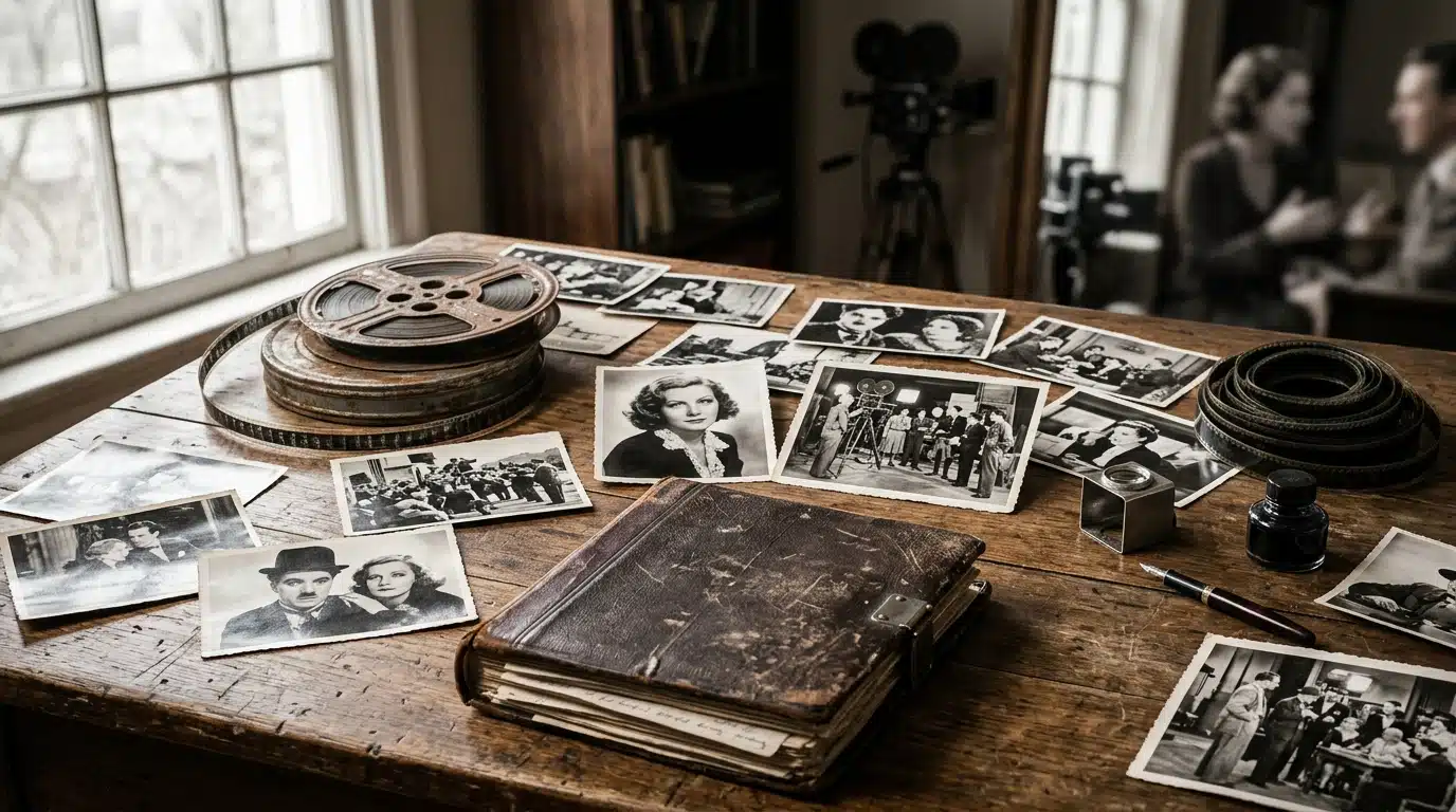 Vieilles photos et bobine de film sur une table