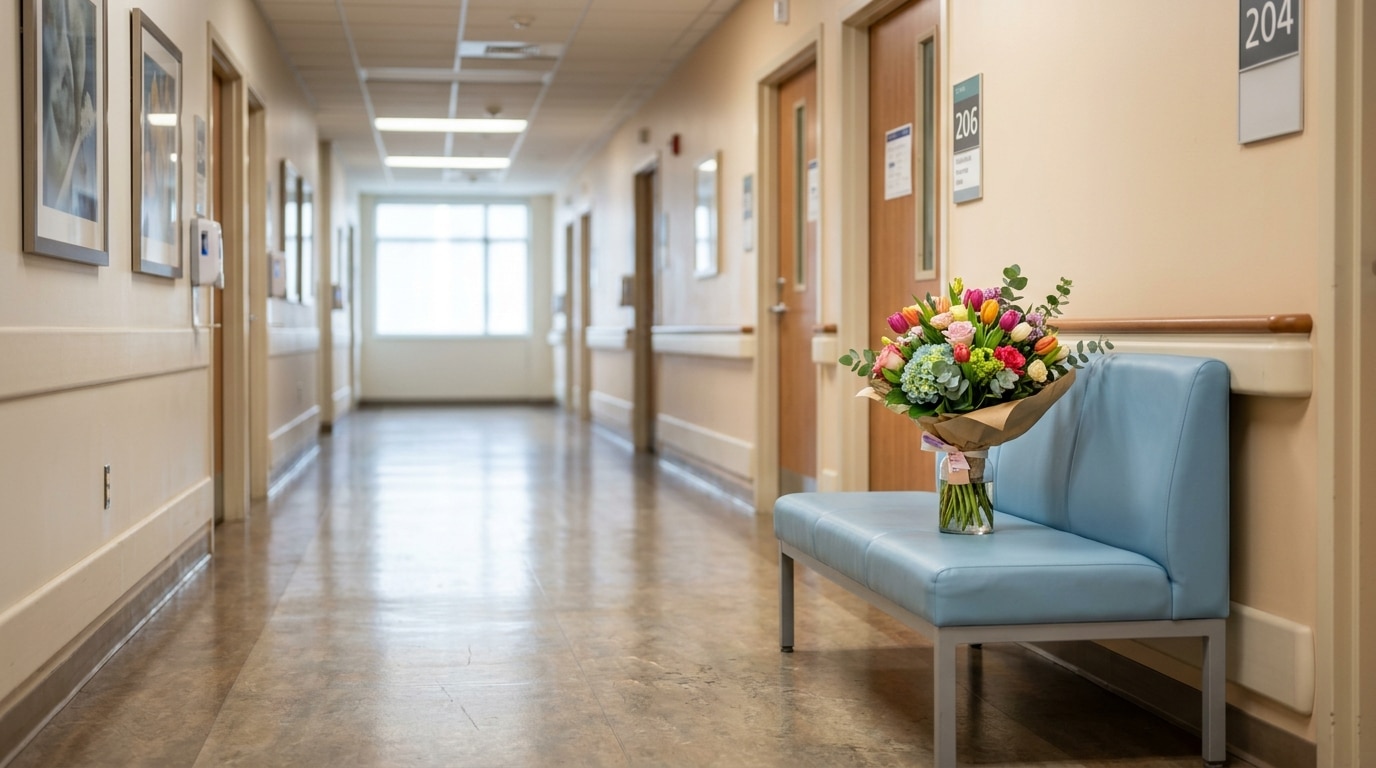 Couloir d'hôpital calme et lumineux, évoquant le parcours de soins et la maladie traversés en 2022