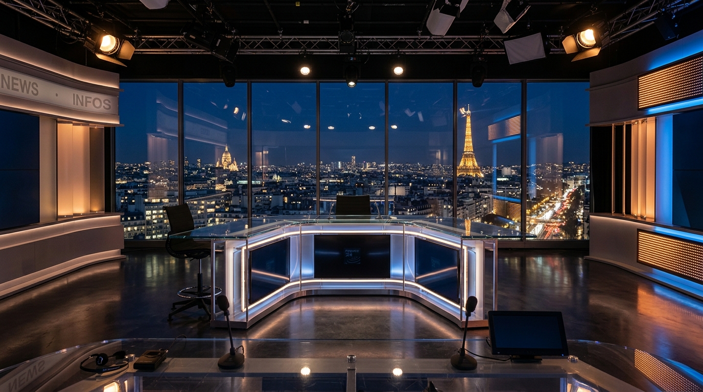 Plateau de journal télévisé vide en soirée, symbole de la pression des coulisses du 20h