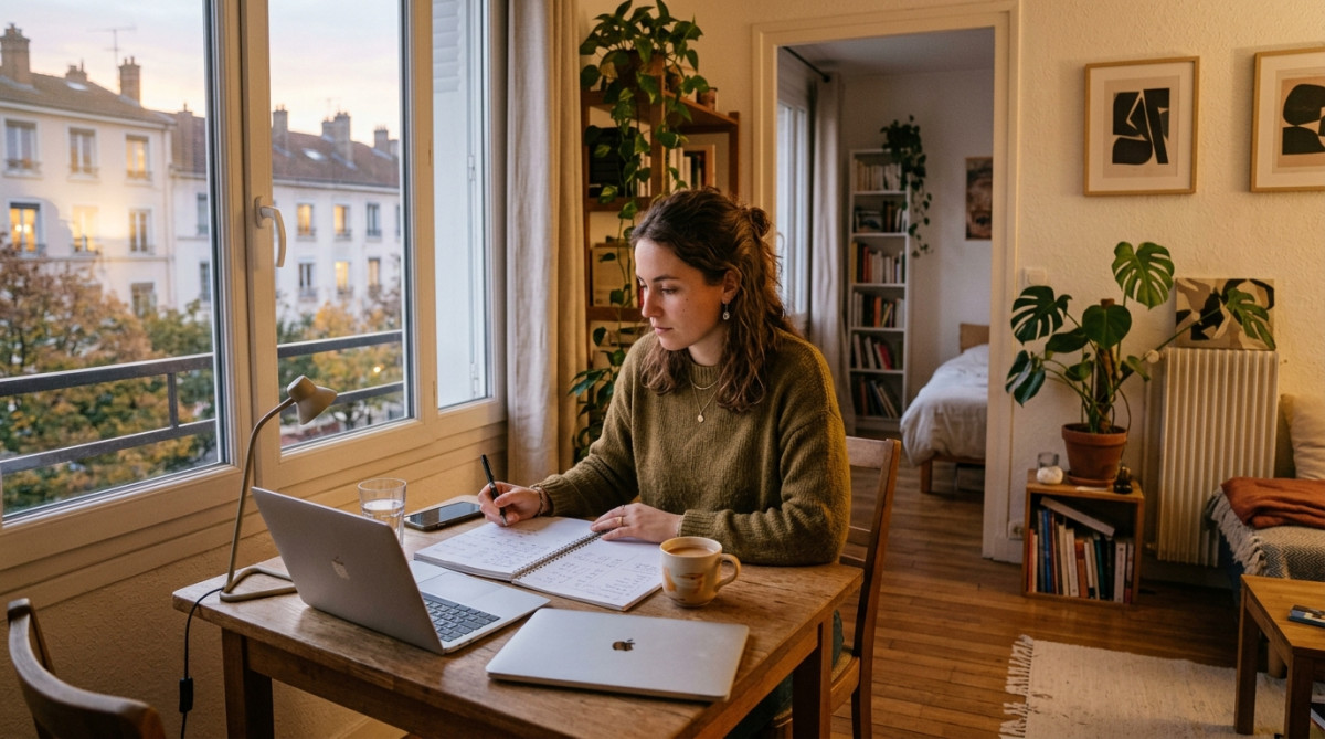 Anouk fait ses comptes dans son appartement de Villeurbanne