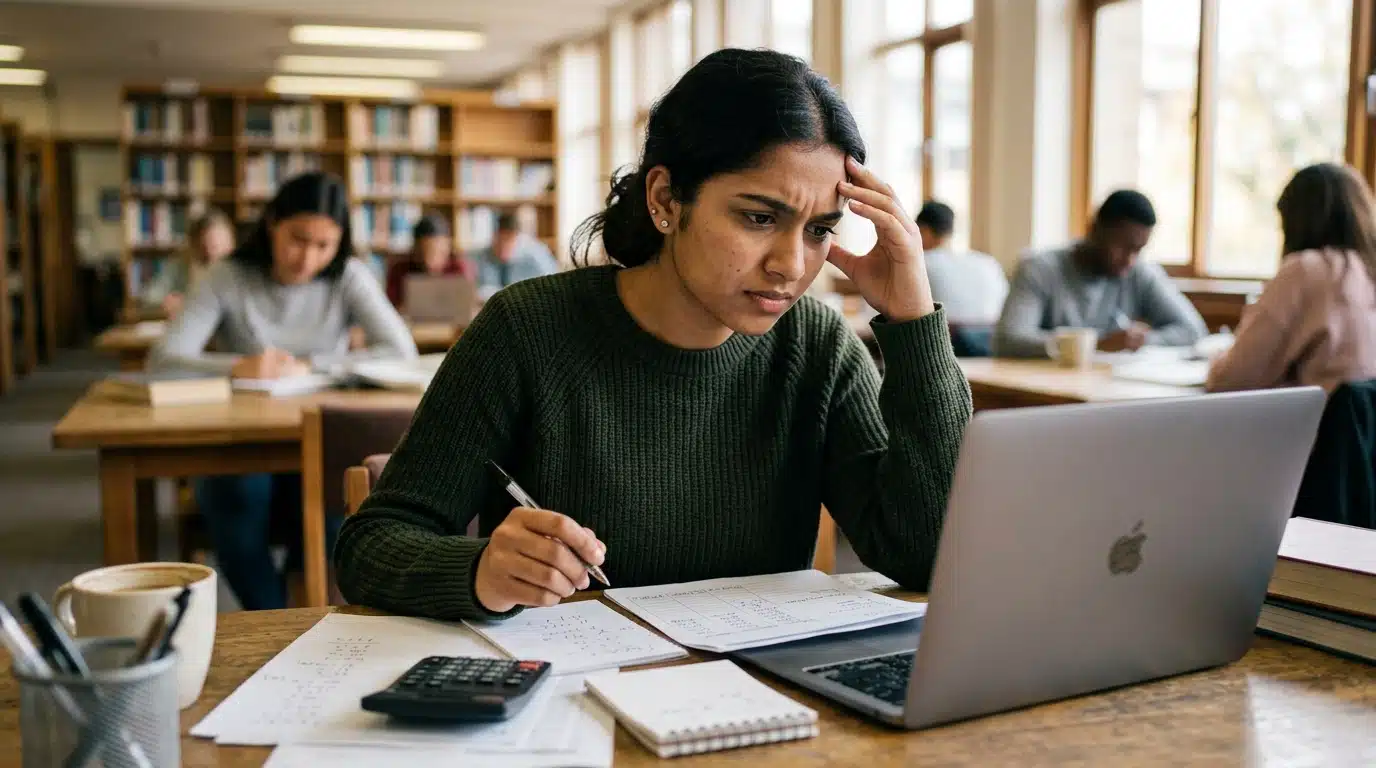 Étudiant soucieux faisant ses comptes devant son ordinateur