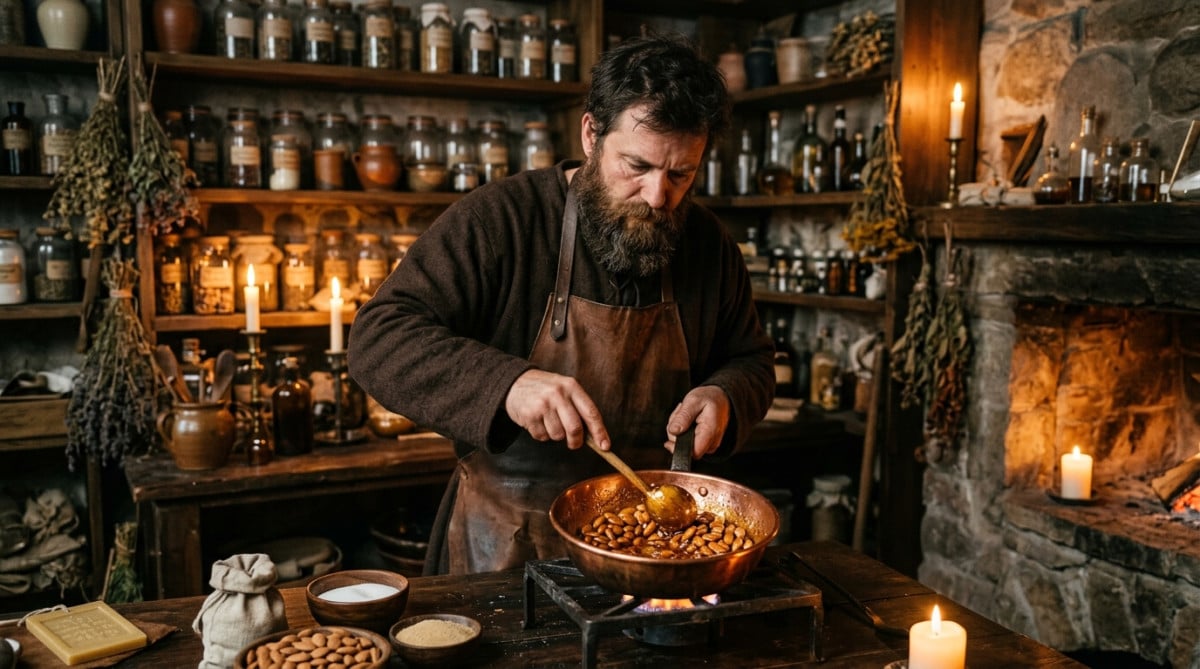 Apothicaire médiéval enrobant des amandes de sucre