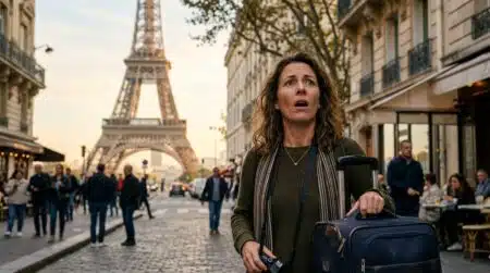 Touriste stupéfait avec valise devant la tour Eiffel