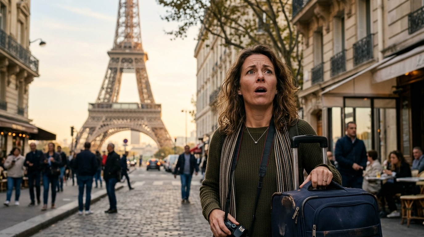 Touriste stupéfait avec valise devant la tour Eiffel