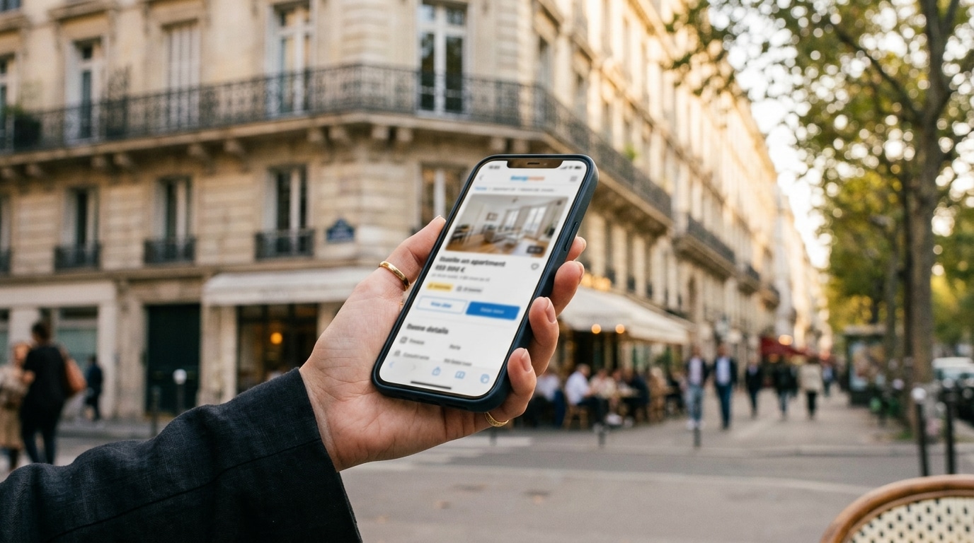 Main tenant un smartphone devant un immeuble parisien