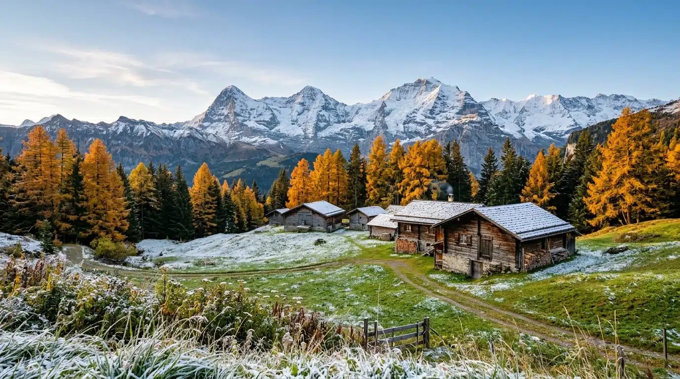 Première neige sur prairie alpine et toits de chalets