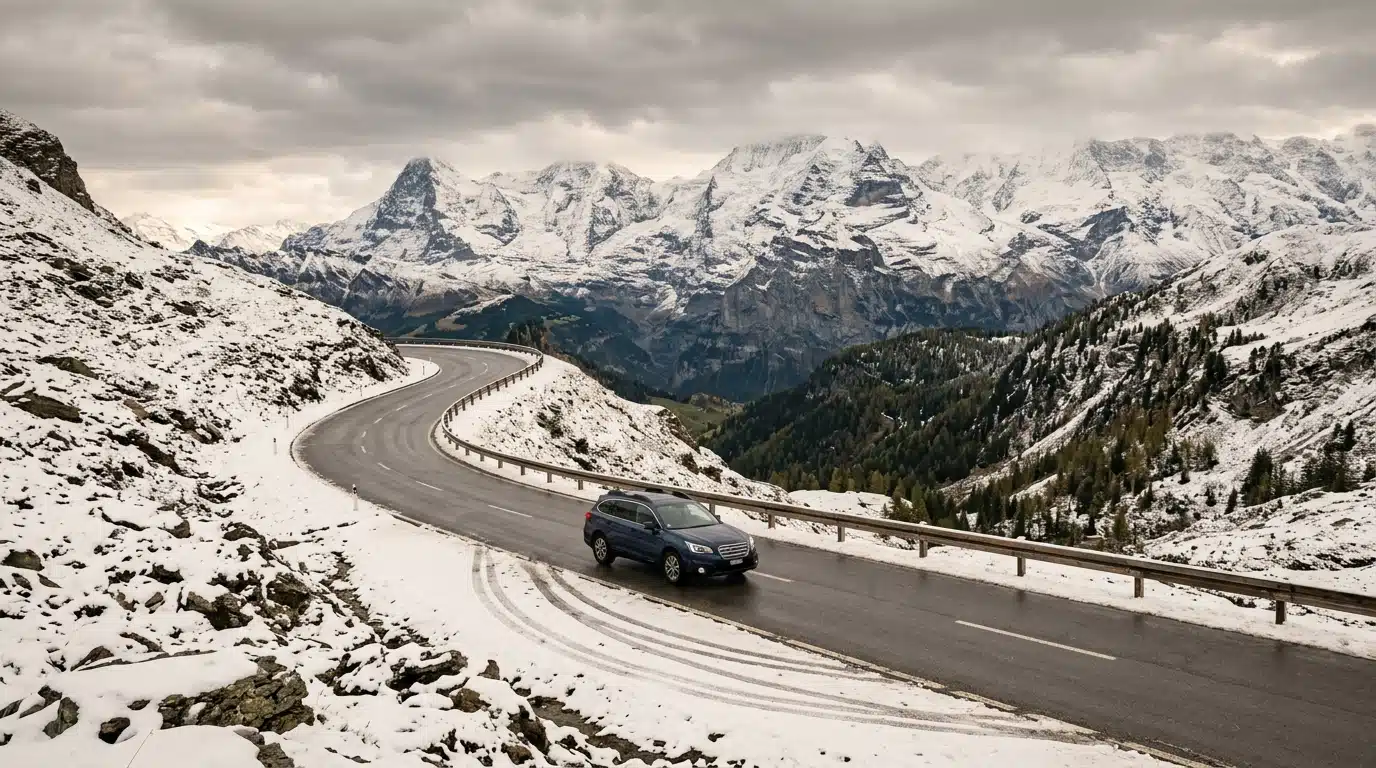 Route de montagne légèrement enneigée vers un col alpin